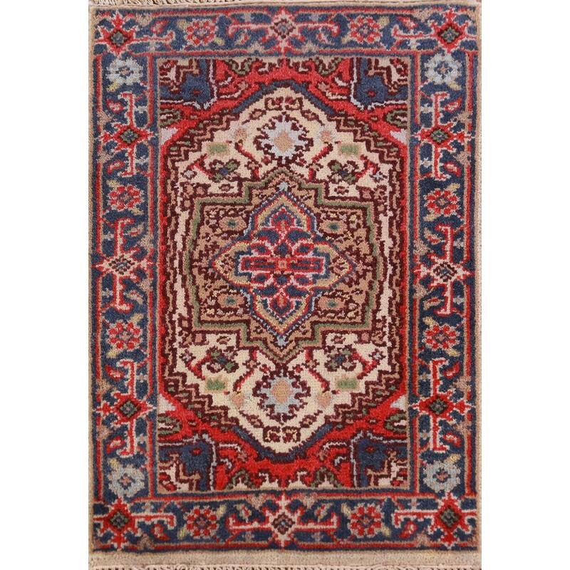 Hand Knotted Oriental 100% Wool Carpet Traditional Medallion Beige & Ivories Heriz (serapi) Area Rug - 3' 0'' X 2' 0''