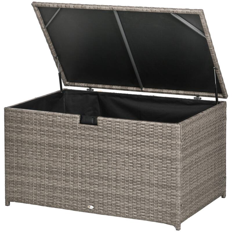 113 Gallon Deck Box Rattan Outdoor Waterproof Storage Box with Front Groove Handle and Hydraulic Gas Spring-Assisted Lift