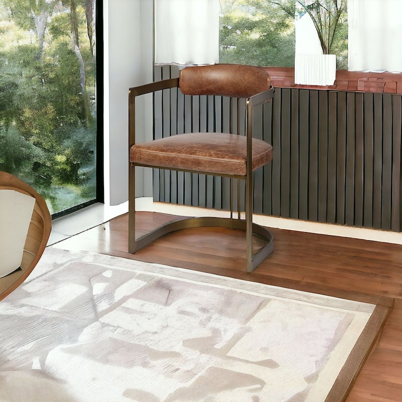 HomeRoots Brown And Gold Upholstered Leather Open Back Dining Arm Chair - Single
