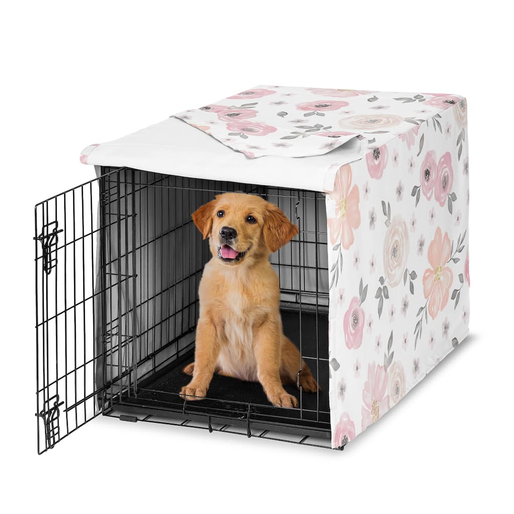 Sweet Jojo Designs Blush Pink Grey Boho Floral Dog Crate Kennel Cover 36in. Bohemian Farmhouse Shabby Chic Watercolor Elegant
