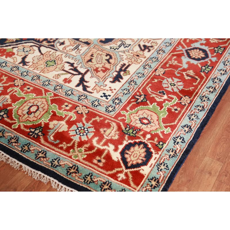 Hand Knotted Oriental 100% Wool Carpet Traditional All-Over Navy Blue & Blues Heriz (serapi) Area Rug - 12' 0'' X 9' 1''