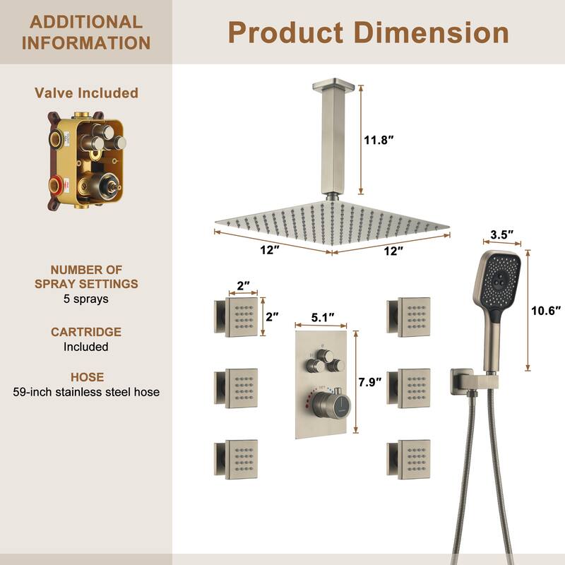 Celling Mount 12 Inch Rainfall Shower Head 3 Function Thermostatic Shower System with 6 Body Jets