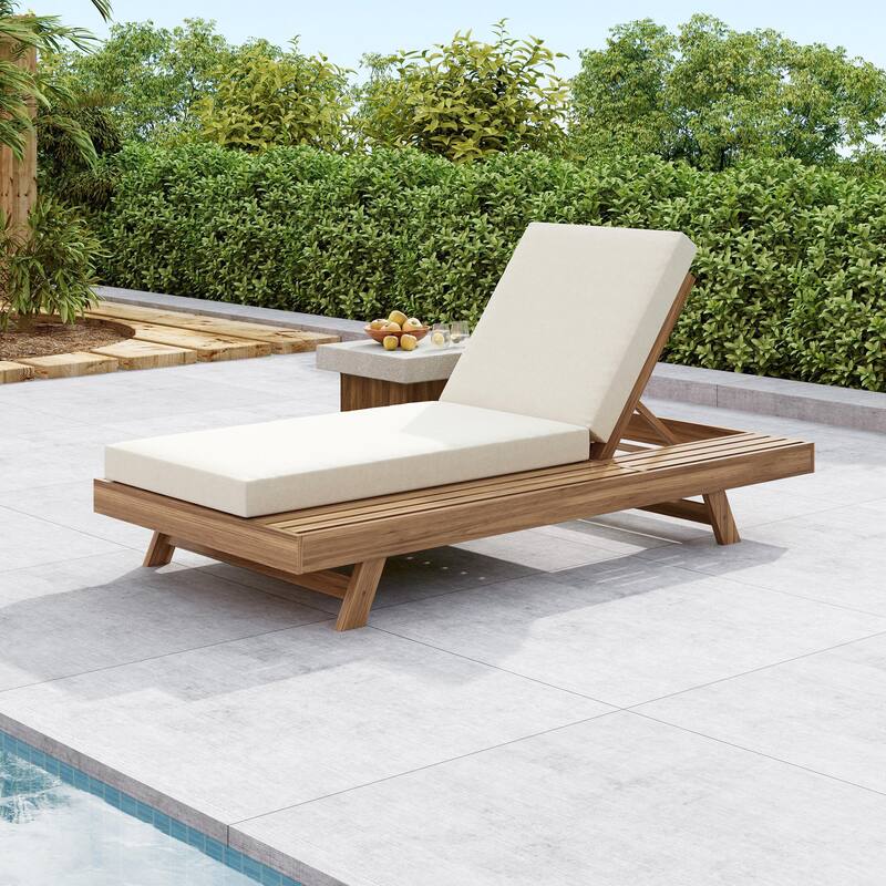 Outdoor Patio Acacia Wood Chaise Lounge Chair with Adjustable Backrest, Side Open Storage and Water-Repellent Cushions - 4" Cream - 1pc Light Brown