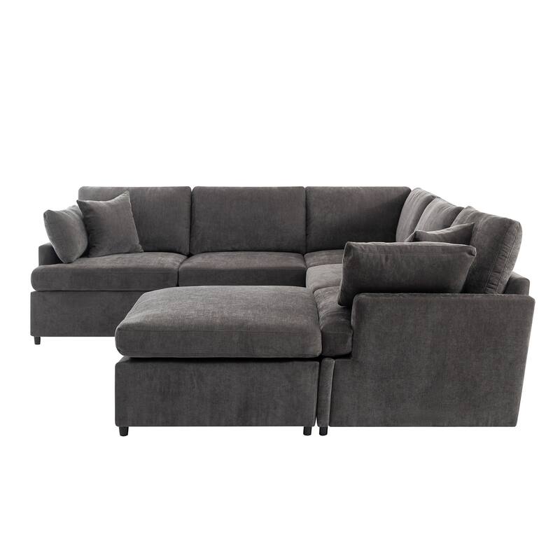 Upholstered Sectional Sofa Recliner Sofa with Removable Ottoman, U-Shape 6 Seat Sectional Couch with 4 Throw Pillow