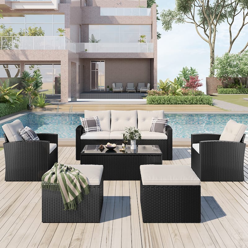 6-Piece All-Weather Wicker PE Rattan Conversation Sectional Set with Coffee Table