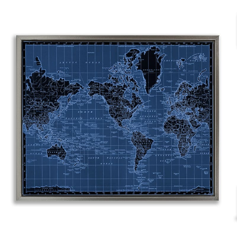 Stupell Blue Toned World Map Framed Floater Canvas Wall Art Design By Phillipa Katz - 31 x 25 - Grey