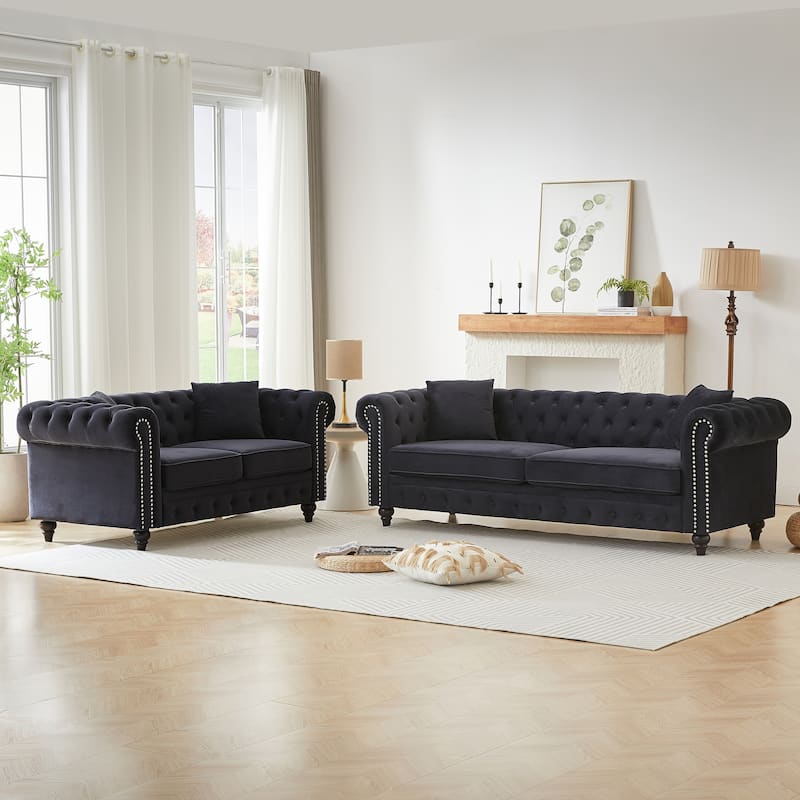 Nailheads Accent Velvet Button Tufted Chesterfield Sofas Set with Deep Seat Loveseat and 3 Seater Lounge Couch for Living Room