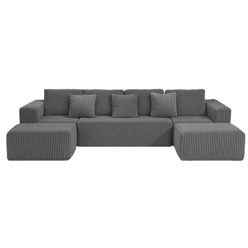 132-inch 4-Seater with Reversible Chaise Lounge Gray Striped Corduroy Fabric