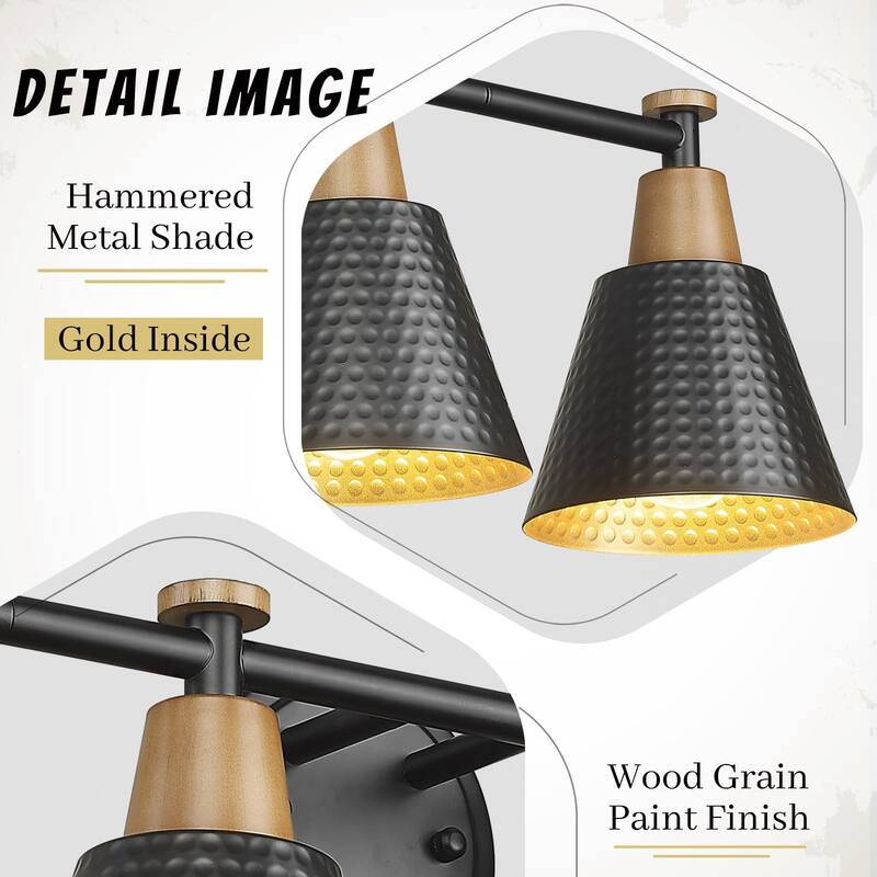 4-Light Bathroom Vanity Lighting With Wood Grain and Black Finish