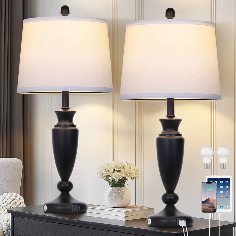 27'' Modern Table Lamp with USB & Type-C Charging, Dimmable LED, 3-Way Touch(Set of 2) - 12.5'' x 12.5'' x 27''