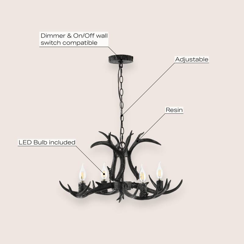Apollo 26" Adjustable Resin Antler 4-Light LED Chandelier, by JONATHAN Y