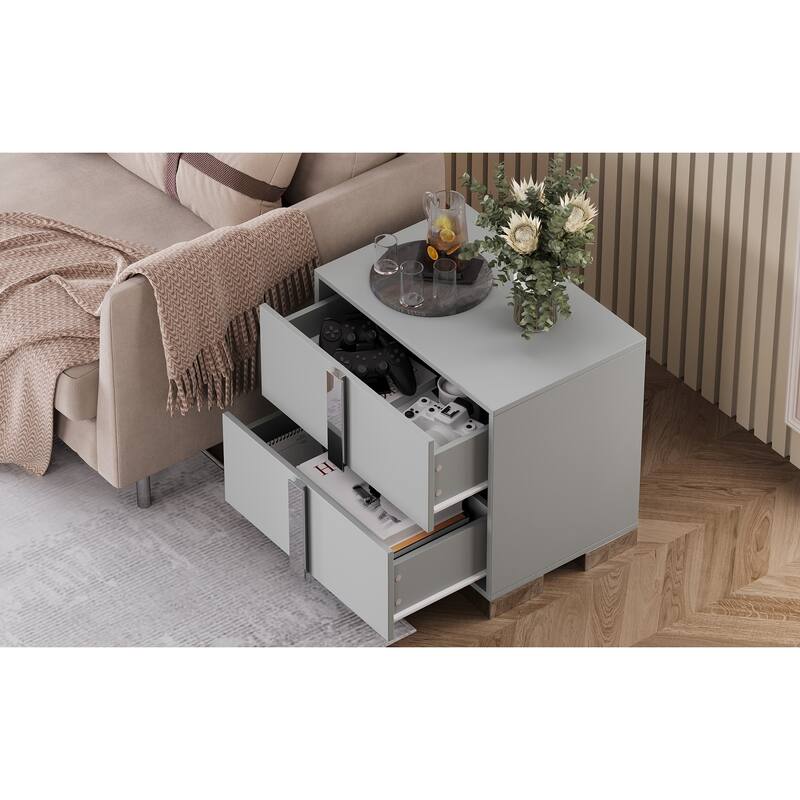 Modern End Table with Drawers, Elegant Nightstand with Metal Foot,Wood Bedside Table with Mirrored Metal Handles