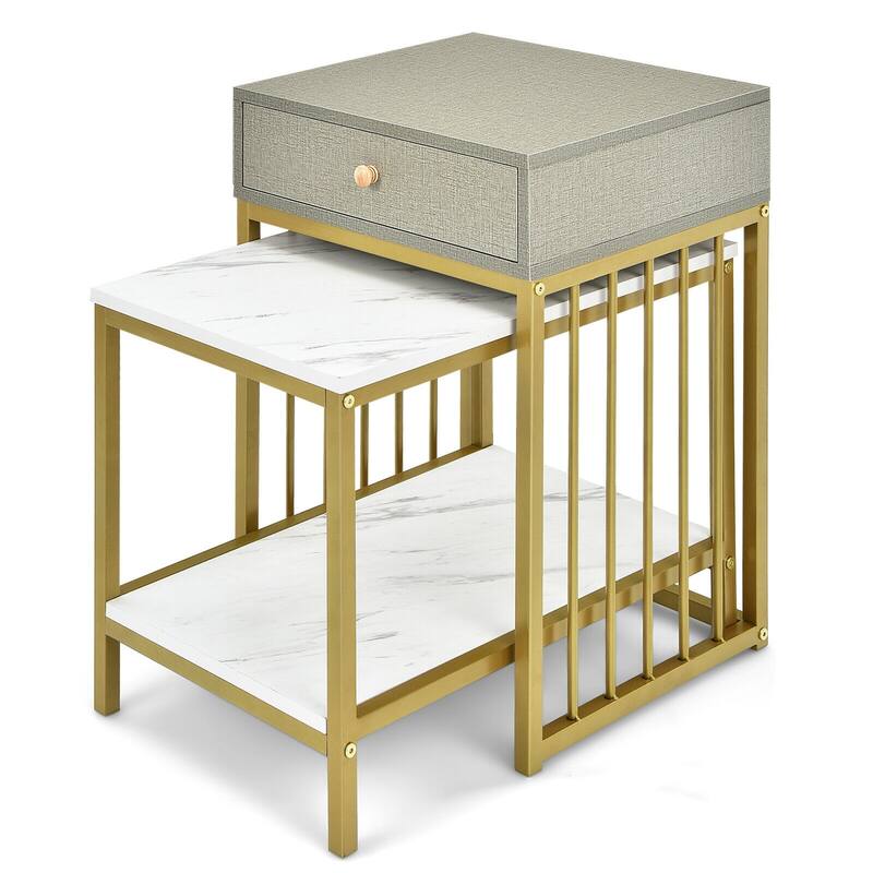 2 Pieces Modern Nesting Coffee Table Set with Drawer and Shelf - 18" x 16" x 25" (L x W x H)