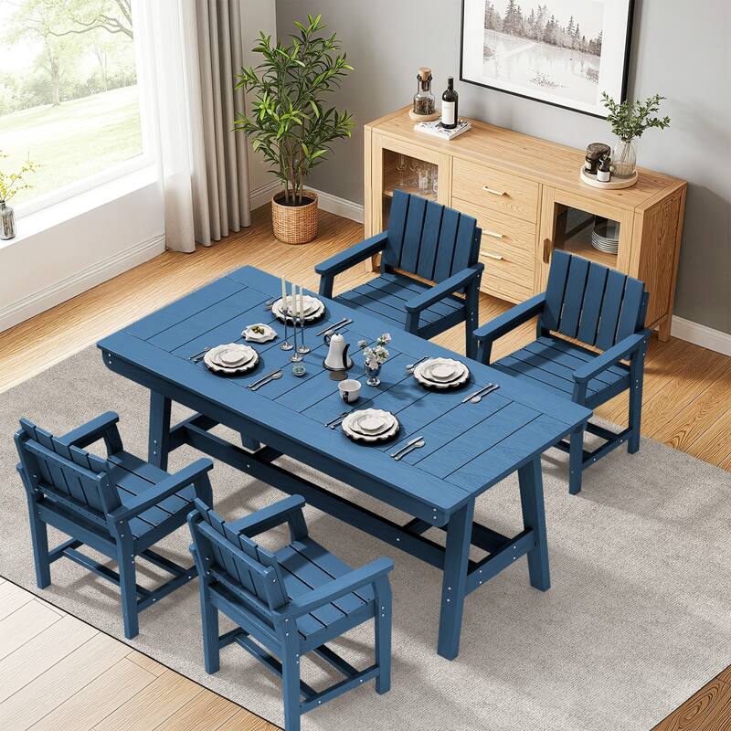 HDPE Patio Dining Set with Rectangular 67.91in L Table with Umbrella Hole and 4 Chairs - N/A