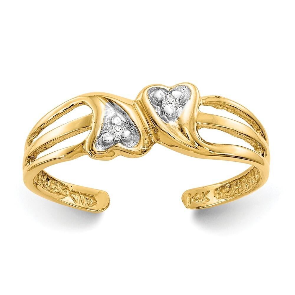 Curata Womens Adjustable Solid 14 karat Yellow Gold Double Heart .02ct Diamond Toe Ring