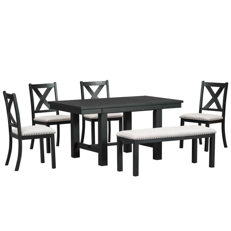 6-Piece Extendable Dining Table with Footrest, 4 Upholstered Dining Chairs and Bench, Kitchen Table and Chairs Set