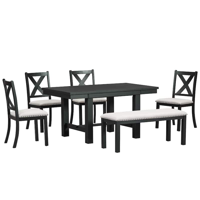 82inch 6-Piece Extendable Dining Table with Footrest, 4 Upholstered Dining Chairs and Dining Bench, Two 11"Removable Leaf