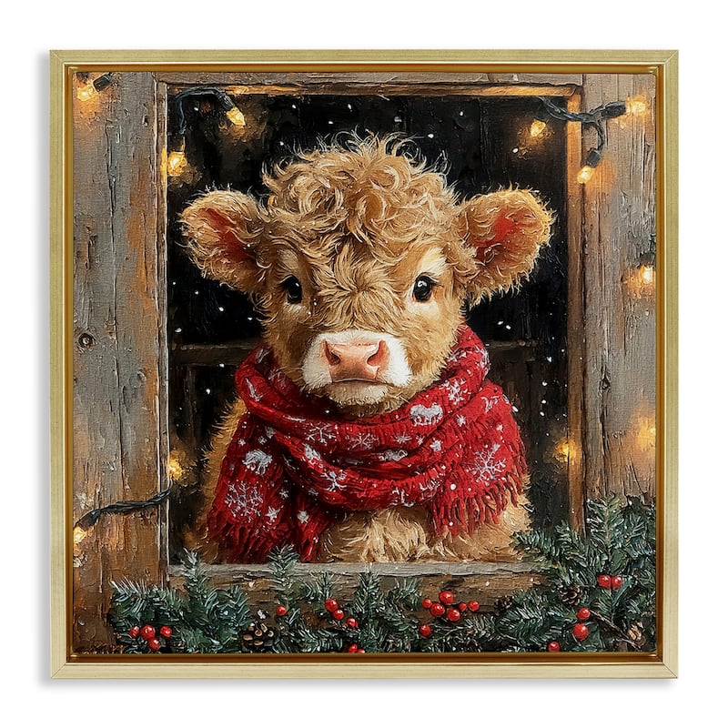 Stupell Calf with Holly & Lights Garland Framed Floater Canvas Wall Art Design By Riley B - 25 x 25 - Gold