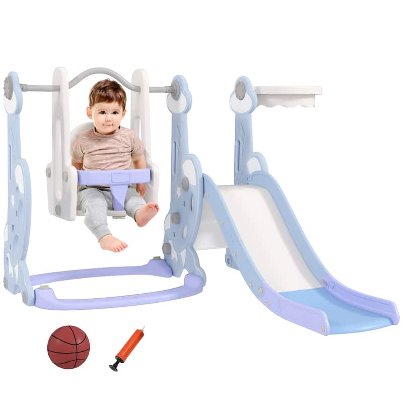 Outdoor Toddler Playset with Slide Swing Climber Platform and Basketball Hoop Activity - 58.1" L x 63" W x 42.1" H