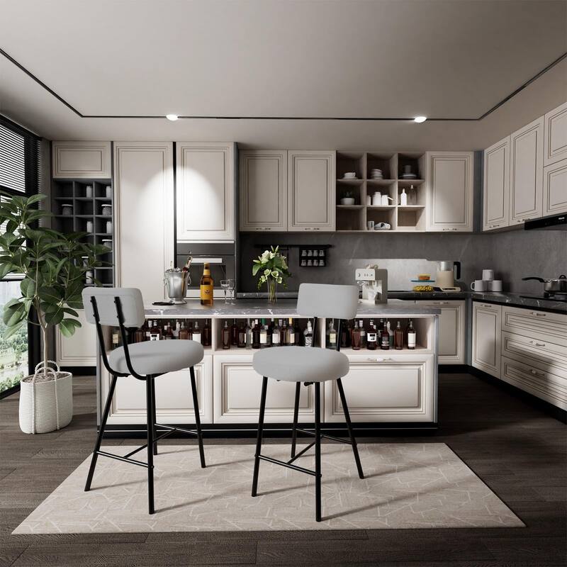 Boucle Upholstered Bar Stools Set of 2, Modern Counter Height Bar Chairs with High Back, Footrest and Metal Leg