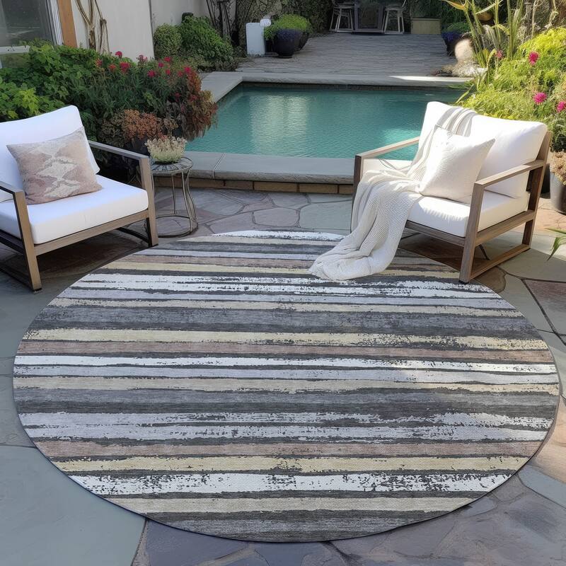 Machine Washable Indoor/ Outdoor Chantille Stripe Rug - Charcoal - 8' x 8'