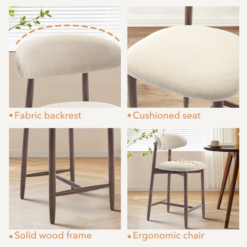 Mid-Century Modern Upholstered Bar Stools with Backrest - Solid Wood Legs Counter Height Stools