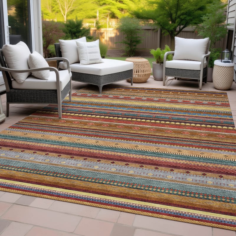 Machine Washable Indoor/Outdoor Boho Stripes Chantille Rug