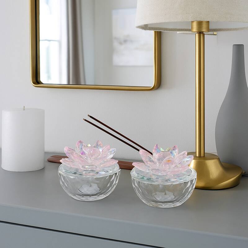 Decorative Round Glass Box with Lotus Top - Set of 2, 4"