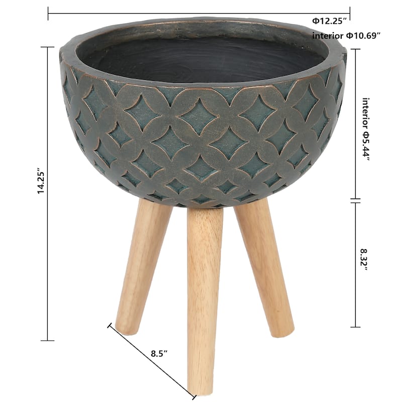 Butterfly Embossed Black 12.25-Inch Round MgO Planter with Brown Wood Legs - Planter + Legs: 14.25" H x 12.25" Diameter