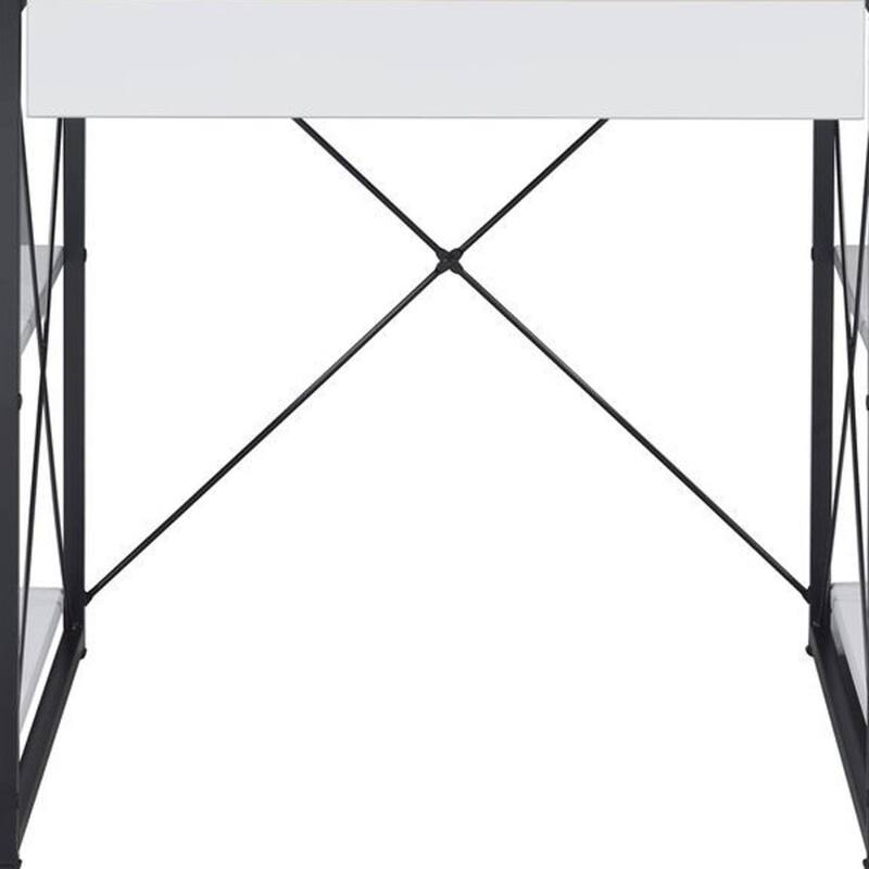 Wood Computer Desk with Black Metal Base, Drawer and 6 Shelves