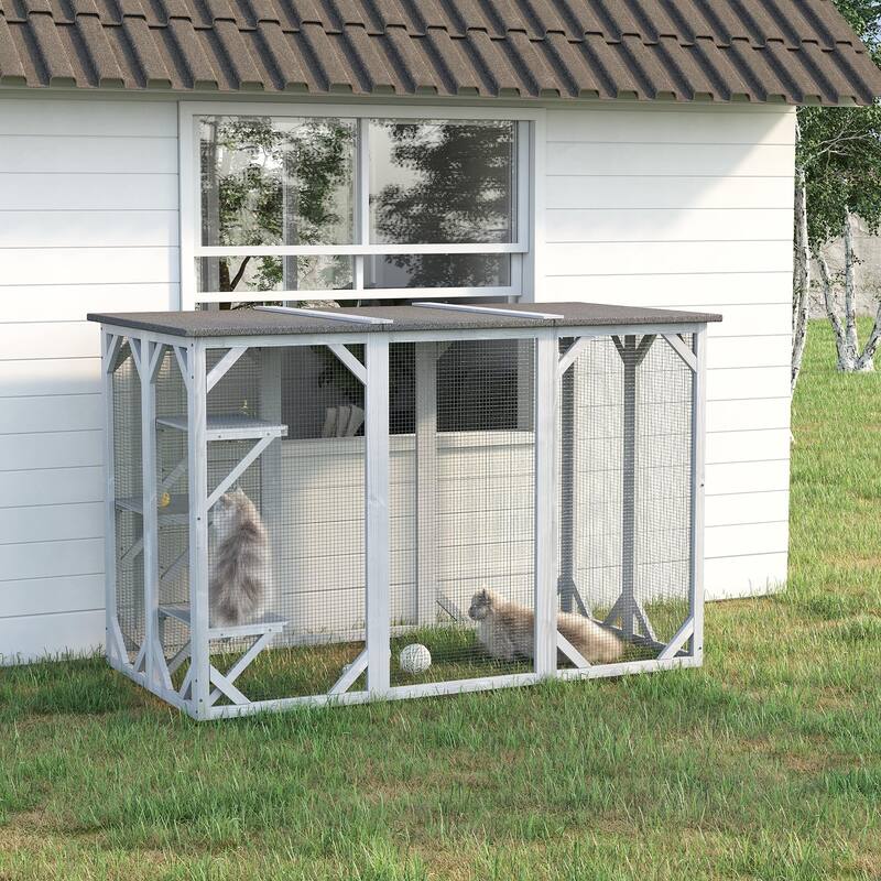 Grey Fir Wood Cat Cage with 3 Platforms and Weather-Resistant Roof