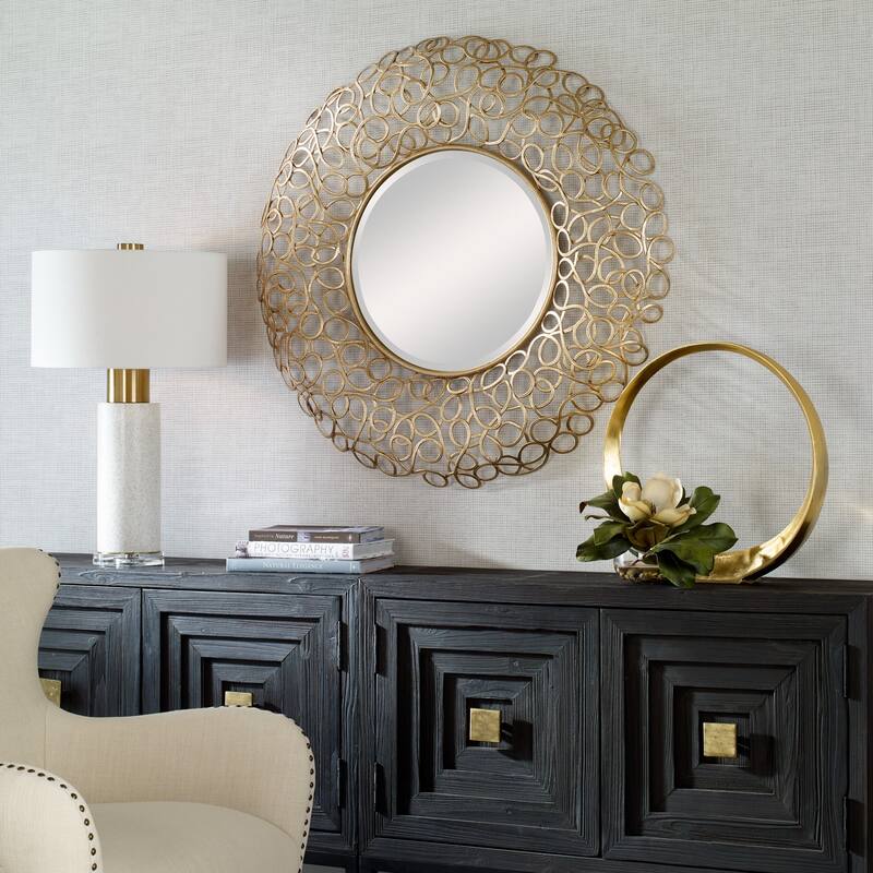 Curled Frame Round Beveled Wall Mirror - 41.75" - Gold