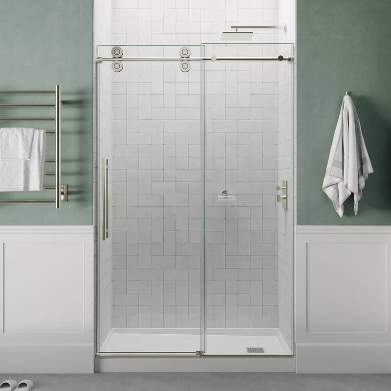 ANZZI Series 56 to 60 in. x 76 in. Frameless Shower Door with Sliding with Tsunami Guard Tempered Clear Glass - Brushed nickel