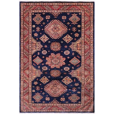 Caucasian Super Kazak Calliope Blue/Gold Hand Knotted Wool Rug - 4'1'' x 5'9''