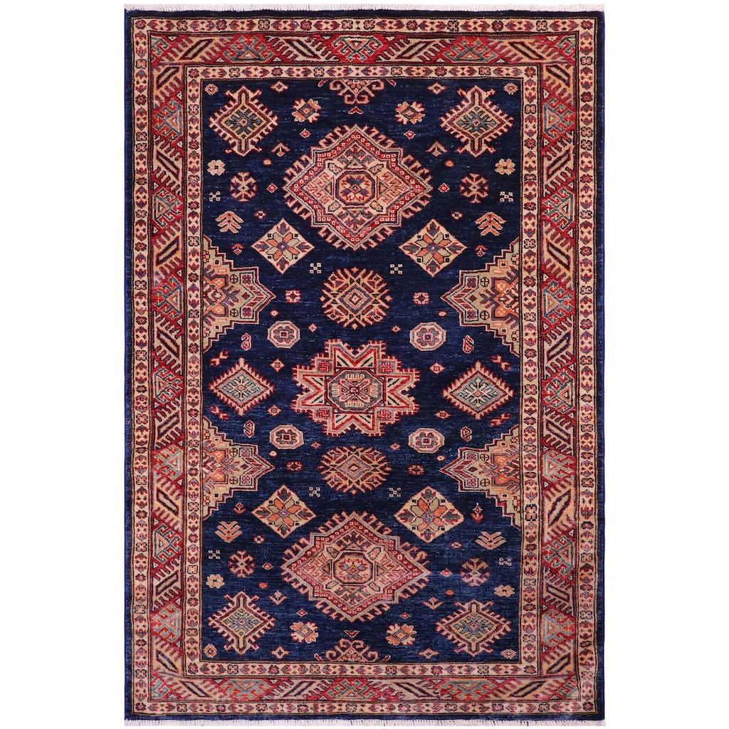 Caucasian Super Kazak Calliope Blue/Gold Hand Knotted Wool Rug - 4'1'' x 5'9''