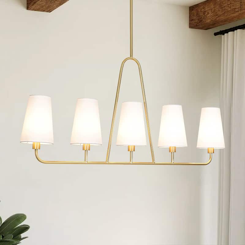 5-Light Mid-Century Modern Linear Pendant Light in Brass Finish White TC Fabric Shade for Dining Room and Kitchen Island