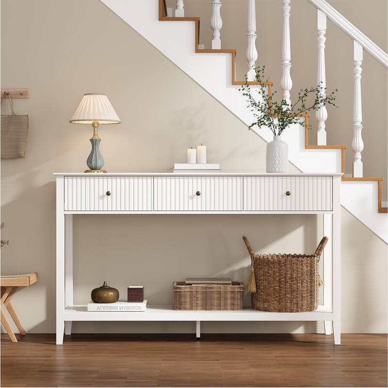 Fluted Console Table with 3 Drawers - White