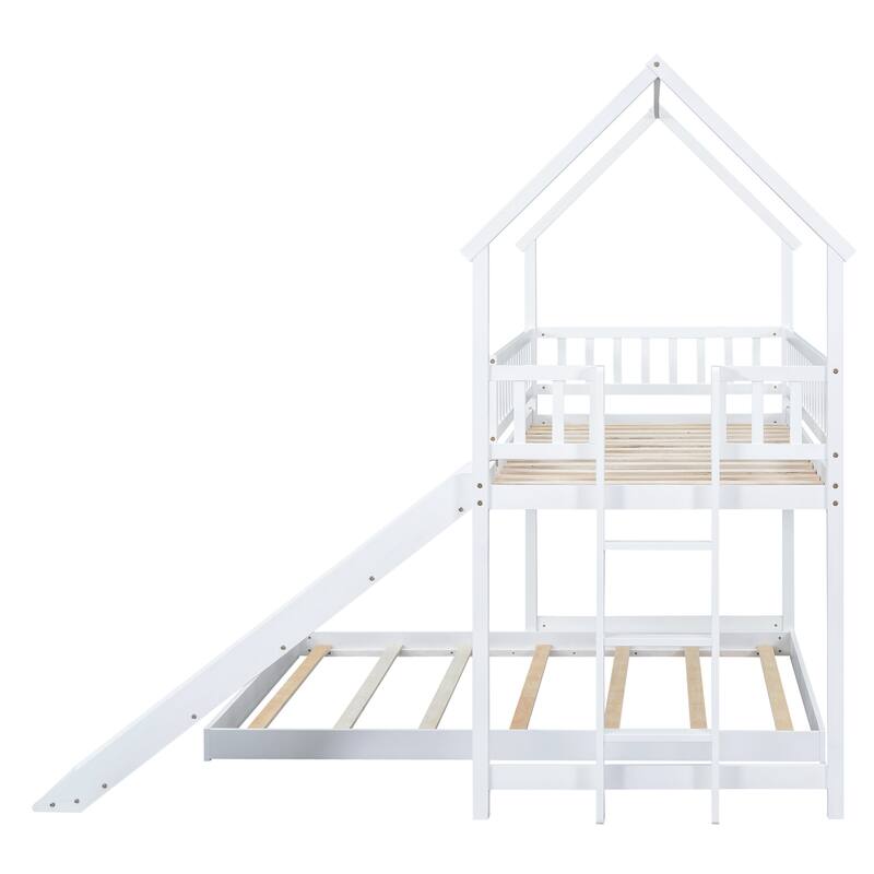 Roomfitters Twin over Full House Bunk Bed with Slide, Built-in Ladder and Full-Length Safety Rail