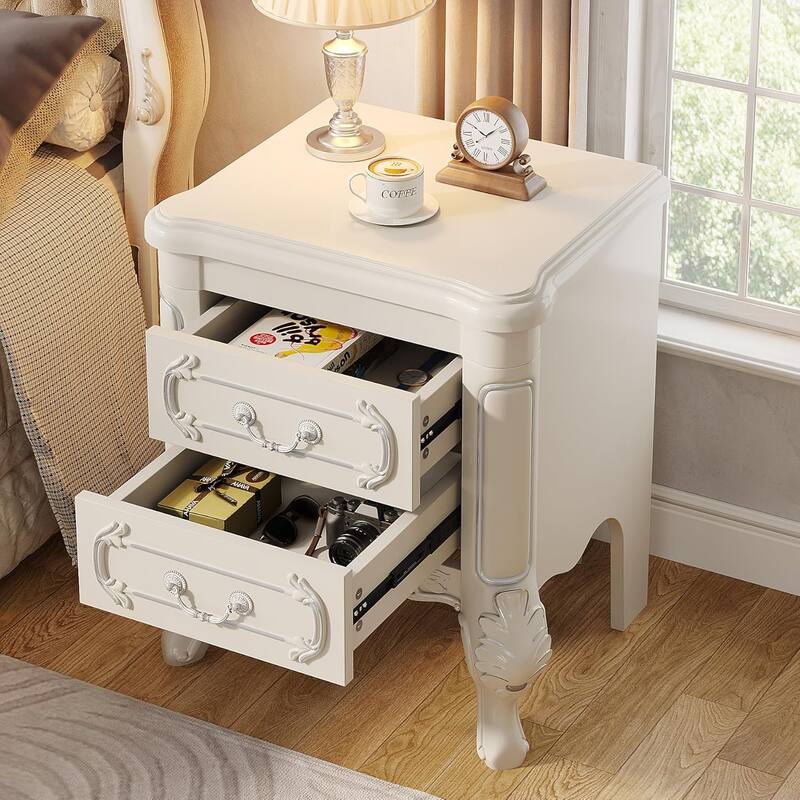 White Nightstand with Drawers - 20"Classic Carved End Table, 2-Drawer Bedside Table for Bedroom, Elegant Wood Side Table