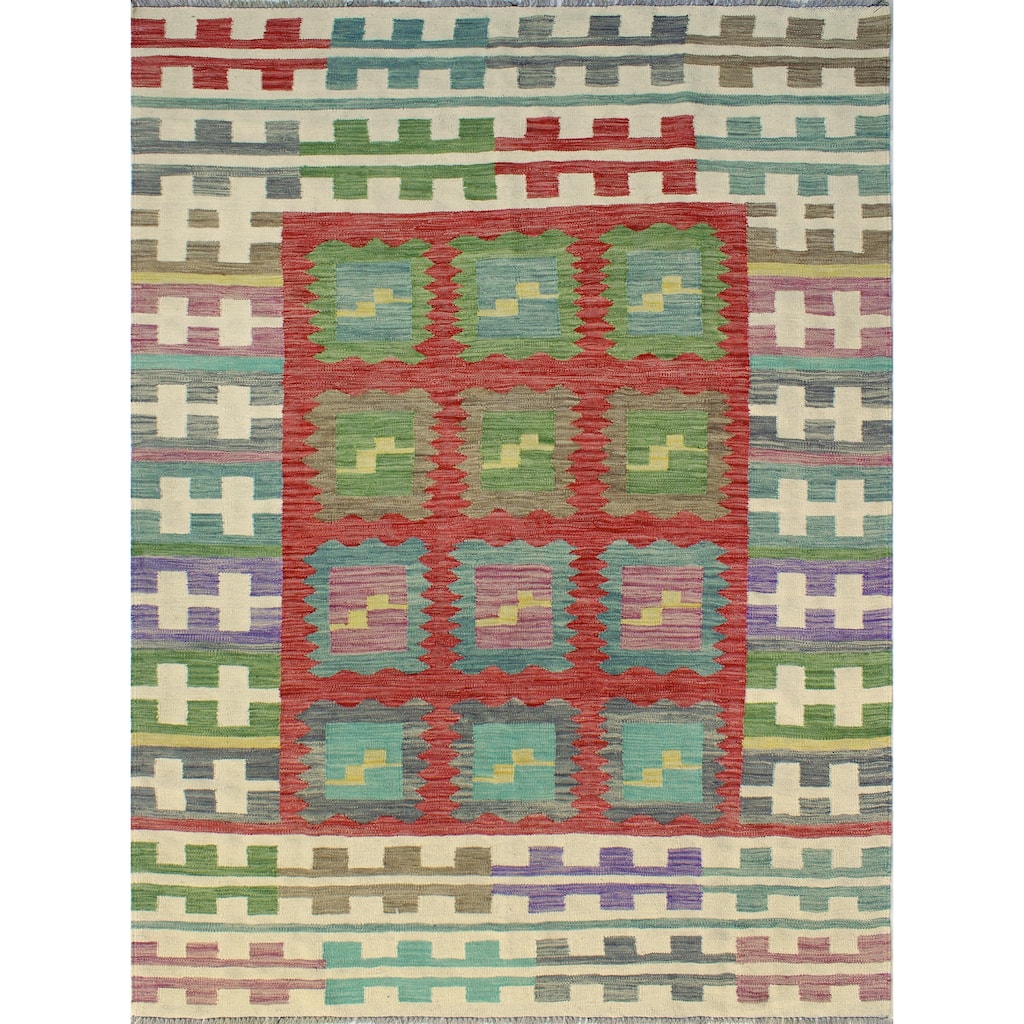Modern Flatweave Charla Red/Green Rug - 5'8" x 8'1"