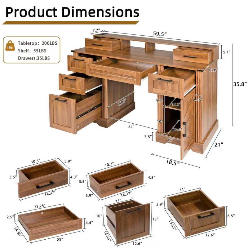 59" Executive Desk with Drawers, Farmhouse Home Office Desk Wood Computer Desk with Charging Station, Keyboard Tray