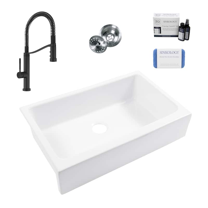 Grace Crisp White Fireclay 34″ Quick-Fit Farmhouse Apron Front Undermount Single Bowl Kitchen Sink with Bruton Black Faucet Kit