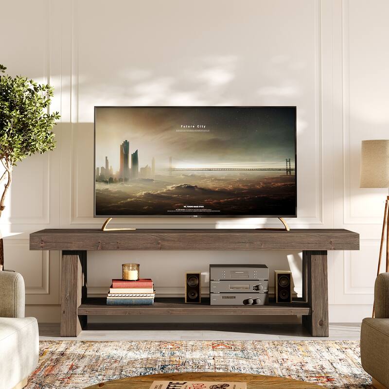 2-Tier Solid Wood TV Stand with Storage Shelves, Entertainment Center Television Console for 75-Inch TVs Living Room Bedroom