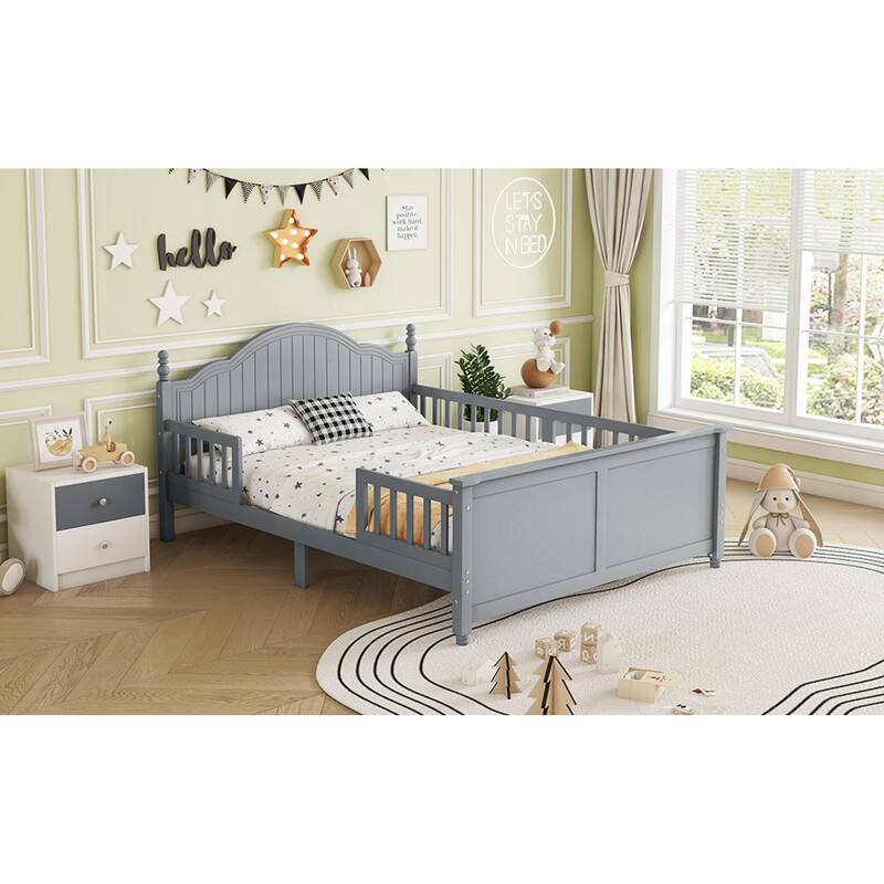 Roomfitters Twin/Full Platform Bed, Slatted Headboard and Removable Guardrails with Wooden Frame for Bedrooms or Guest Rooms