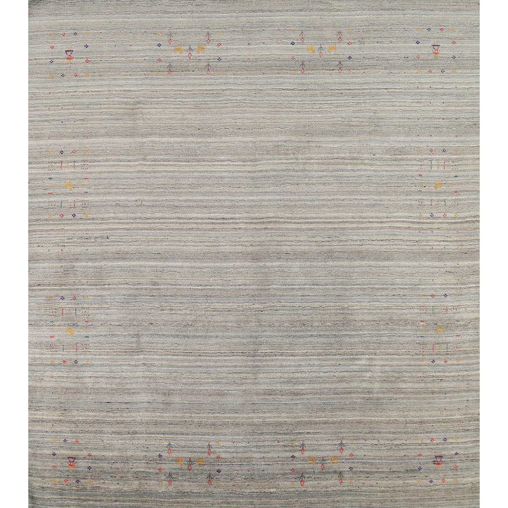 Striped Gray Gabbeh Oriental Square Area Rug Hand-Knotted Wool Carpet - 7'10"x 7'10"