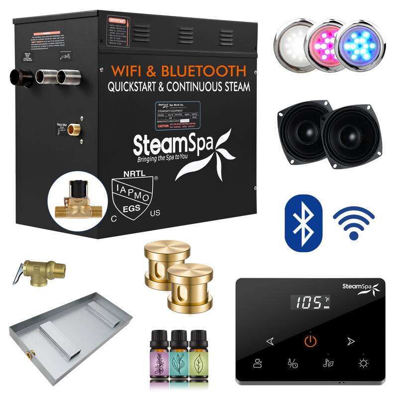 Black Series Steam Bath Generator with Fully Wireless Remote, BLUETOOTH, WIFI, and Auto Drain - 12 KW - Gold