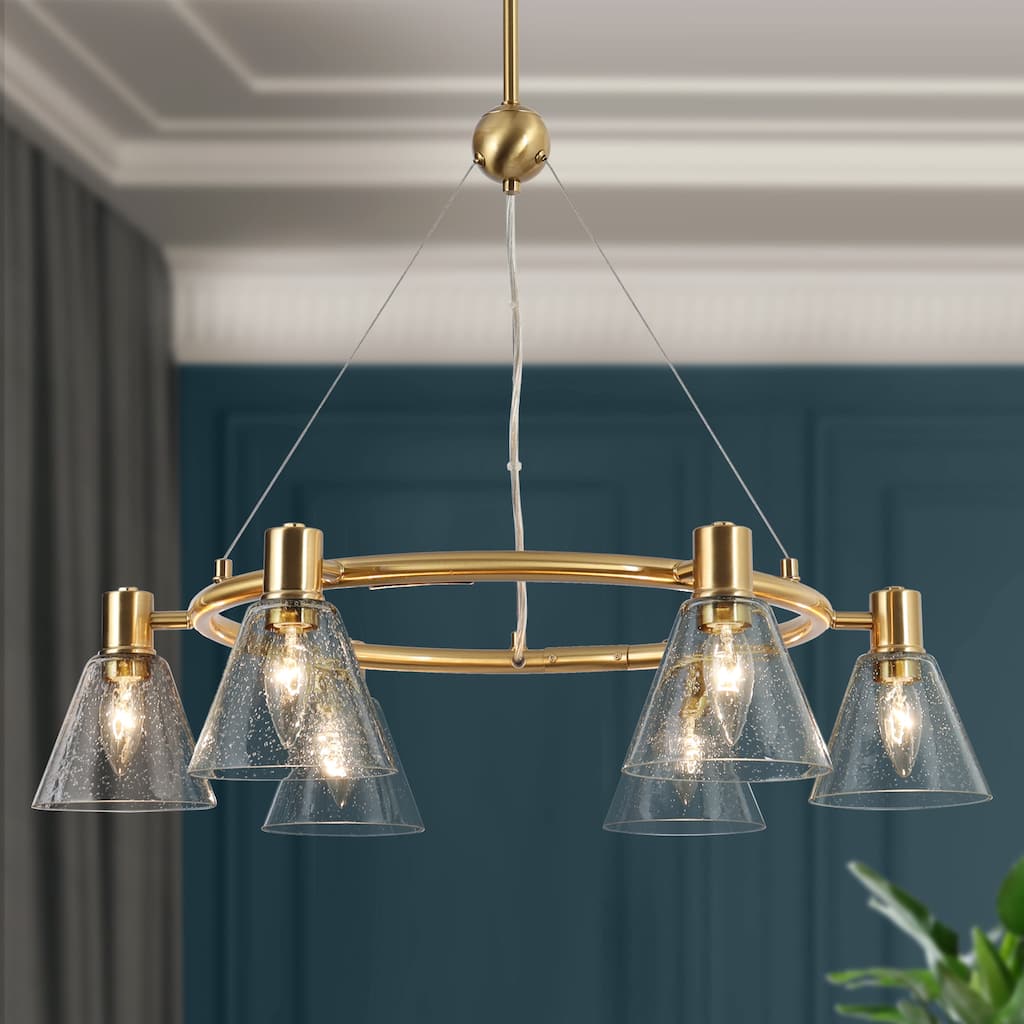 Veyra Modern 6-Light Gold Wagon Wheel Chandelier with Seeded Glass Shades - Brushed Electroplated Copper - Dia.27"xH21"