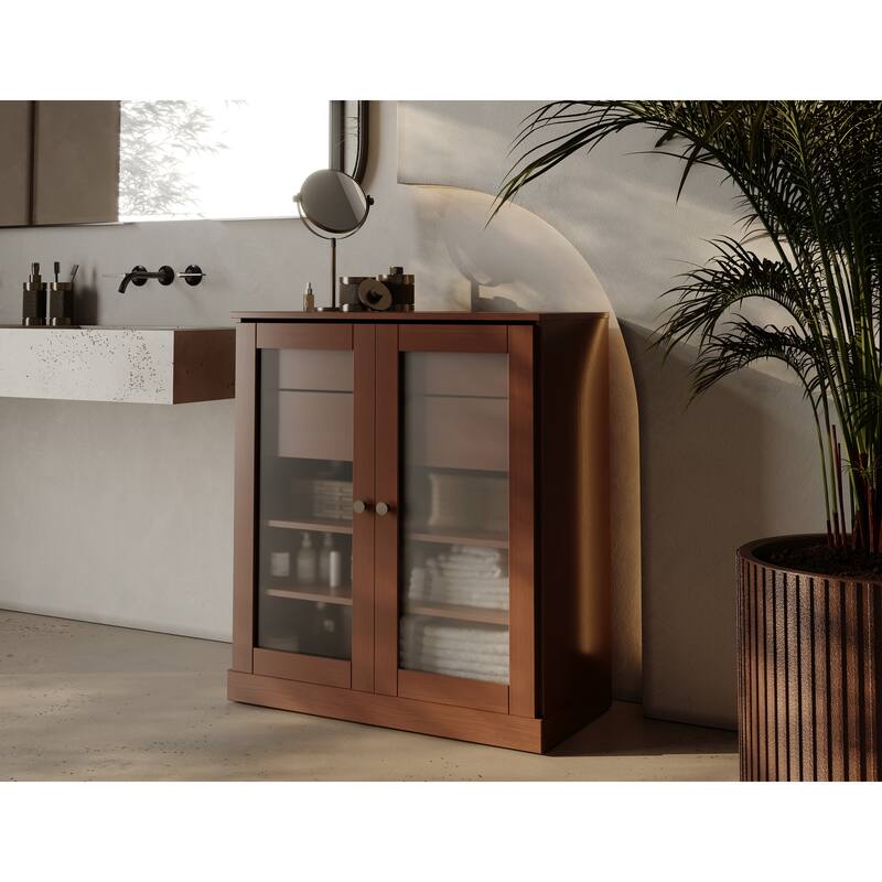 Palace Imports 100% Solid Wood 32" Bathroom Cabinet with Frosted Glass Doors, 2-Drawers and Adjustable Shelves - Mocha