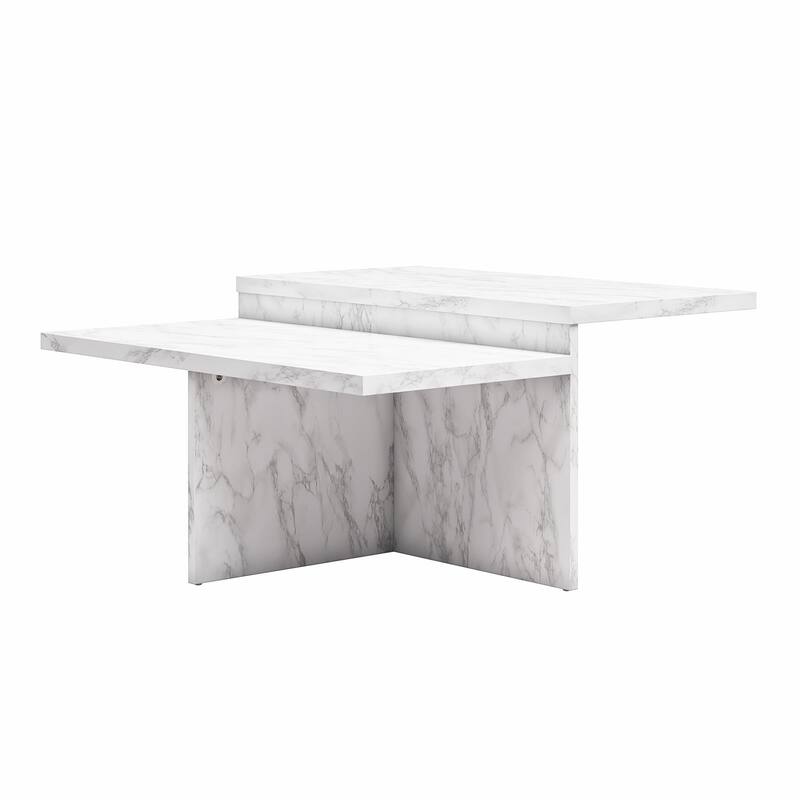 Roomfitters Brielle Square Two-Tier Coffee Table with Faux Marble Finish, Modern Design, White