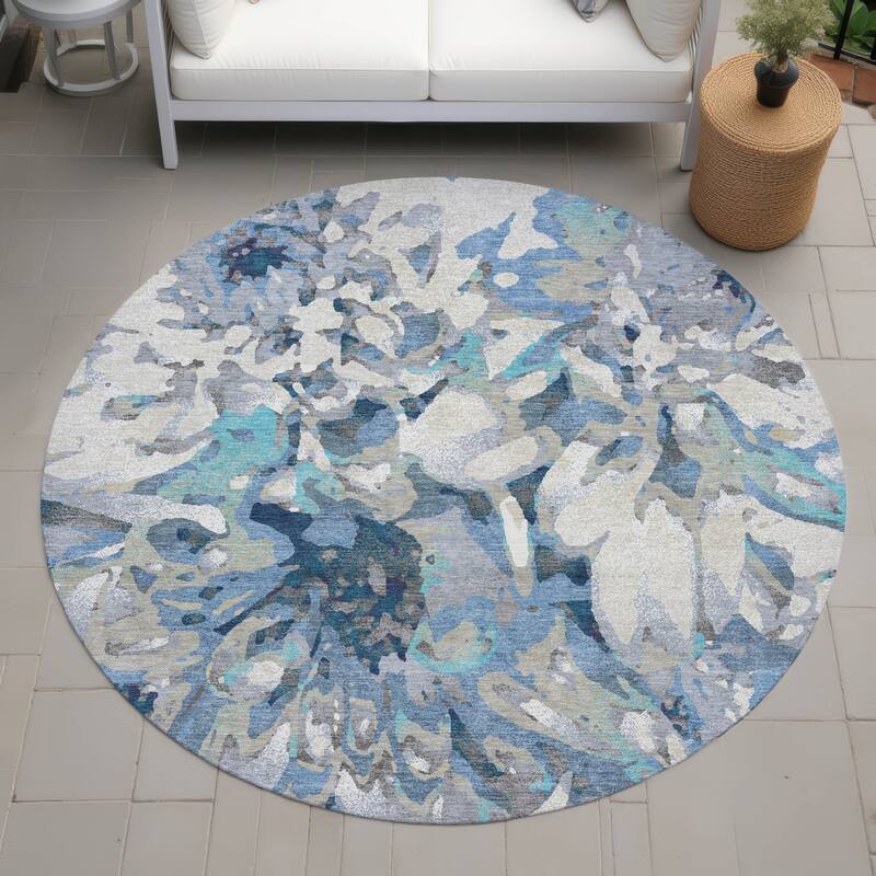 Machine Washable Indoor/ Outdoor Abstract Floral Chantille Rug - Denim - 8' x 8'